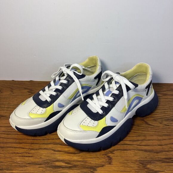 Maje W20 Urban Leather Sneakers Women 10.5 EU 41 Blue Yellow Trainer No Insoles - Picture 4 of 9